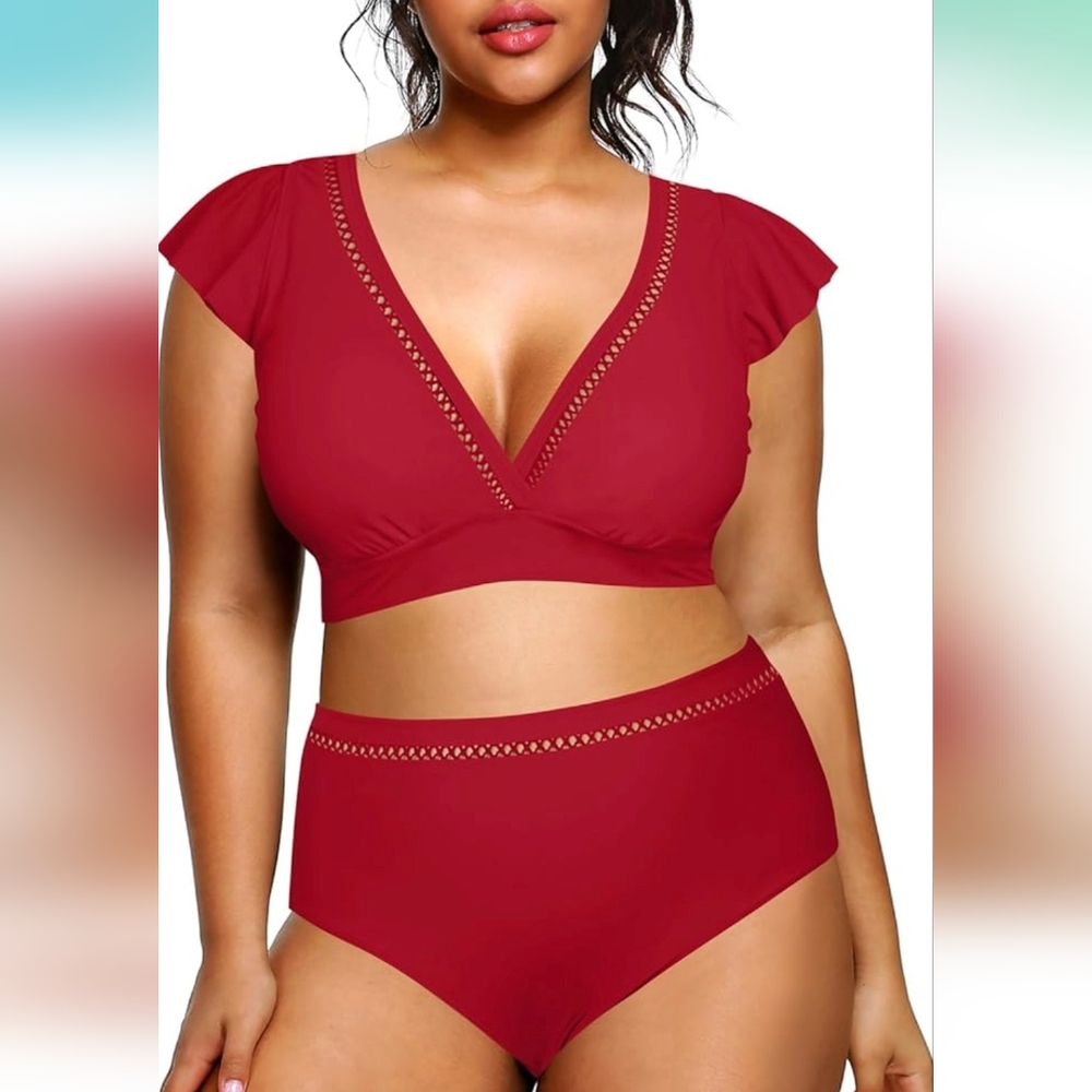 Daci Women Plus Size High Waisted Bikini, Cap Sleeve